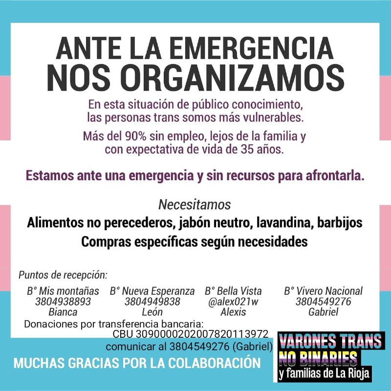 Volante con información sobre la colecta de insumos básicos varios organizada por Varones trans, no binaries y familias de La Rioja