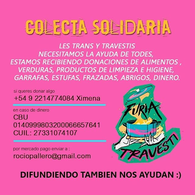 Volante con información sobre la colecta organizada por Furia Travesti. Se ve su logo, una olla compartida entre dos manos