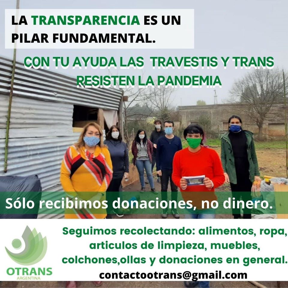 Volante con información sobre la colecta de insumos básicos varios organizada por OTRANS Argentina. Se ve una foto de personas de la organización visitando la casa de la destinataria de la colecta